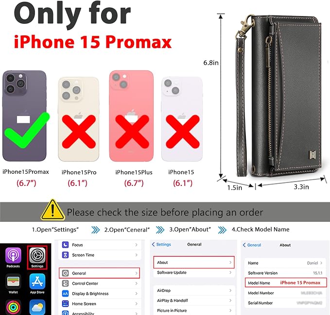 Wallet Case for iPhone 15 Pro Max with Card Holder/Crossbody Wallet/Strap| RFID Blocking | Magnetic | Kickstand | Detachable | PU Leather Phone Case for iPhone 15 Pro Max,6.7 in,Black