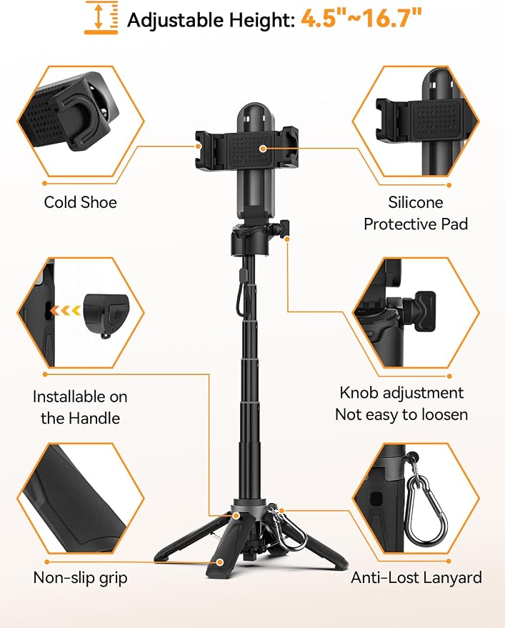 Takerers Portable Selfie Stick Tripod with Remote【Pocket Size】 4-in-1 Extendable Cell Phone Tripod【360° Rotation】 Mini Selfie Stick for iPhone Android Phone Holder for Video Recording Live Streaming