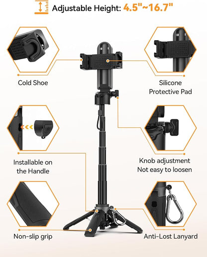 Takerers Portable Selfie Stick Tripod with Remote【Pocket Size】 4-in-1 Extendable Cell Phone Tripod【360° Rotation】 Mini Selfie Stick for iPhone Android Phone Holder for Video Recording Live Streaming
