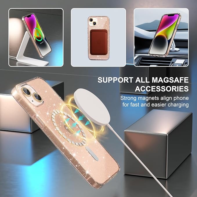 Choiche Magnetic Case for iPhone 14 Plus, Women Clear Glitter Bling Sparkly Case, [2xDiamond Camera Lens Protectors] [2xTempered Glass Screen Protectors] [Compatible MagSafe] (Glitter Gold)
