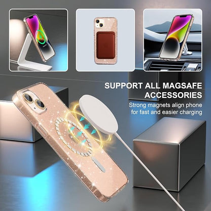 Choiche Magnetic Case for iPhone 14 Plus, Women Clear Glitter Bling Sparkly Case, [2xDiamond Camera Lens Protectors] [2xTempered Glass Screen Protectors] [Compatible MagSafe] (Glitter Gold)