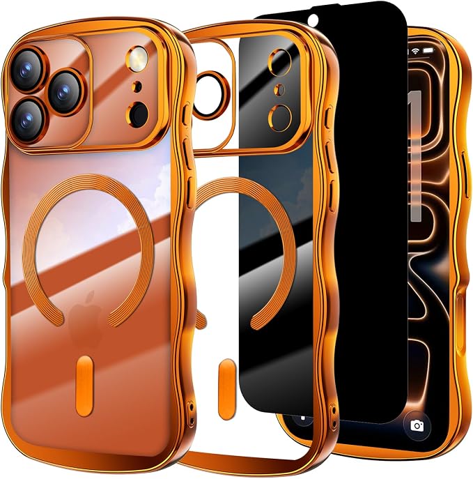 Misscase Designed for iPhone 17 Pro Case 6.3",with Privacy Screen Protector*1,Cute Wave Frame Case with Camera Lens Protector,Compatible with MagSafe Plating Bling for Women Orange