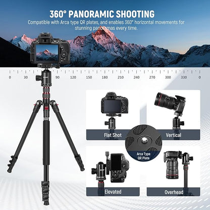 NEEWER 77 inch Camera Tripod Monopod for DSLR, Phone with 360° Panoramic Ball Head, 2 Axis Center Column, Arca Type QR Plate, Bag, Compact Aluminum Lightweight Travel Tripod 34lb Max Load, TP77