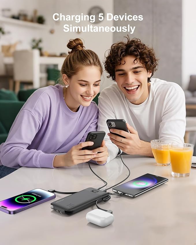 Portable Charger 10000mAh 22.5W PD 3.0+QC 4.0 Super Fast Charging Power Bank with Built-in Cables & AC Wall Plug, Slim External USB C Battery Pack for iPhone 17/16/15/14/13, Android, Samsung, iPad,etc