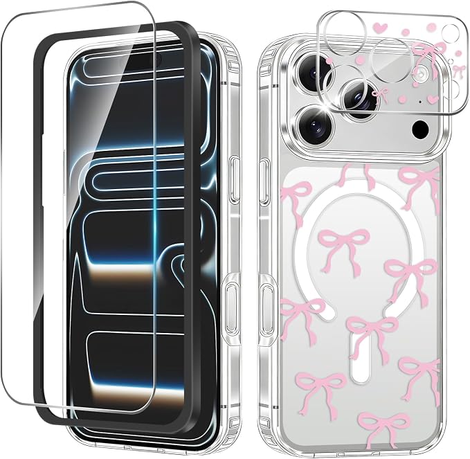 Magnetic Bow Case for iPhone 17 Pro Max,with Screen Protector & Camera Lens Protector, Slim Clear Phone Cover Anti-Yellowing Shockproof Protective Cover for Women Girl - Pink