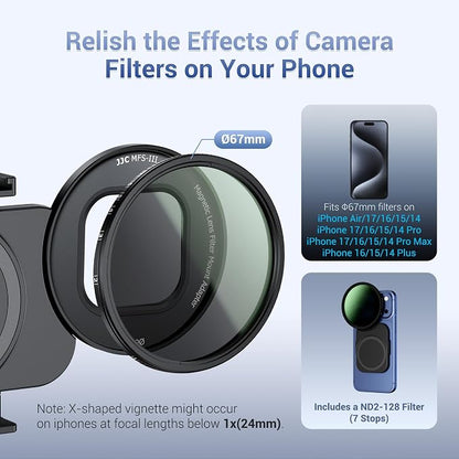 JJC 67mm ND Filter for iPhone, Magnetic Lens Filter Mount with ND2-128 Variable ND Filter Compatible with iPhone Air 17 16 15 14 Pro Max Plus with 1/4” Screw & Shoe Mount