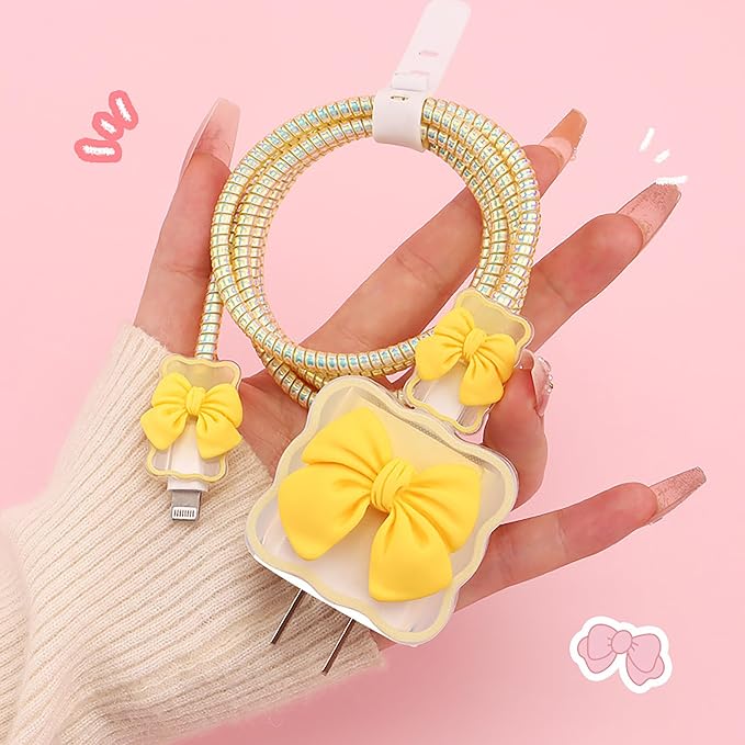 Compatible with Apple iPhone 18W/20W USB-C Charger Cover Cute Yellow Bow Soft Charger Protector Kawaii Cable Saver for iPhone 14 15 16 Pro Max Fast Power Adapter