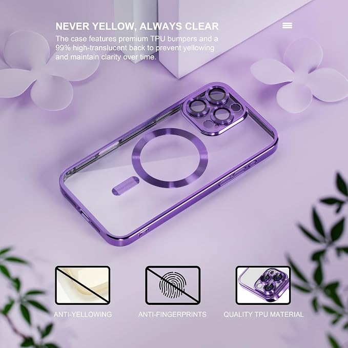 Misea Magnetic for iPhone 16 Pro Max Case Compatible with MagSafe [Never Yellowing] [Military Grade Drop Protection] Full Camera Lens Protector Plating Soft Clear Phone Case for Women 6.9", Purple