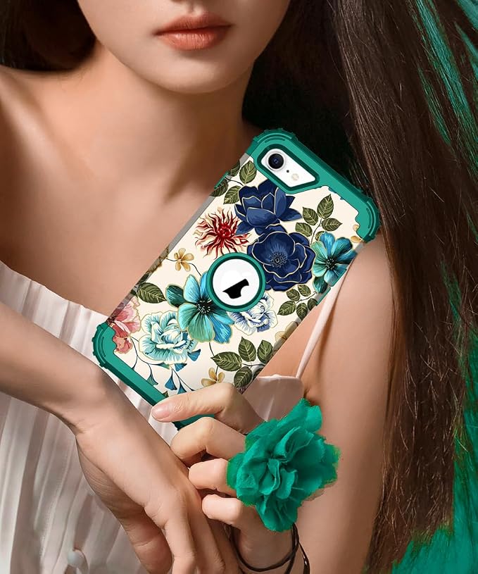 Hocase for iPhone SE 2022/2020 Case, Heavy Duty Shockproof Protection Hard Plastic+Silicone Rubber Hybrid Protective Case for iPhone SE 3rd/2nd Generation (4.7") - Teal Flowers