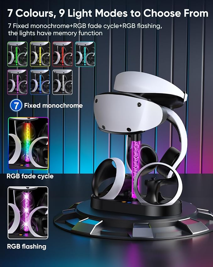 FASTSNAIL Charging Stand for PlayStation VR2, Multifunction Vertical PS VR2 Headset & Sense Controllers Charge Dock Station with 10 RGB Light Modes of Memory for PS5 VR2 Accessories