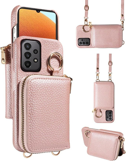 Wallet Case for Samsung Galaxy A23 5G/4G with Shoulder Strap Ring Buckle Luxury PU Leather Zipper Flip Organ Purse Credit Card Holder Stand Full Body Cell Phone Cover for A 23 23A 6.6 Rose Gold