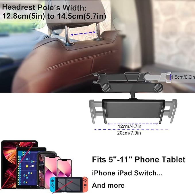 Timewall Car Headrest Tablet Mount, Backseat Seat Universal Cell Phone Holder 360 Swivel Rotating Angle Adjustable Stretchable for iPad iPhone, Samsung, Switch, 5-11" Tablet Phone Black