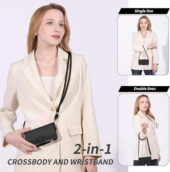 for iPhone 16 (6.1 inches) Detachable Wallet Case with Crossbody.Multi-Function 2 in 1 Magnetic Wallet Case with Card Holder.Flip Strap Zipper Phone Case with Shoulder Straps Black
