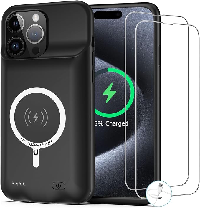 Battery Case for iPhone 15 Pro, [10000mAh] Enhanced Portable Protective Smart Qi Wireless Charger Case Battery Pack with CarPlay Wireless Charging Case Compatible for iPhone 15 Pro (6.1 inch)-Black