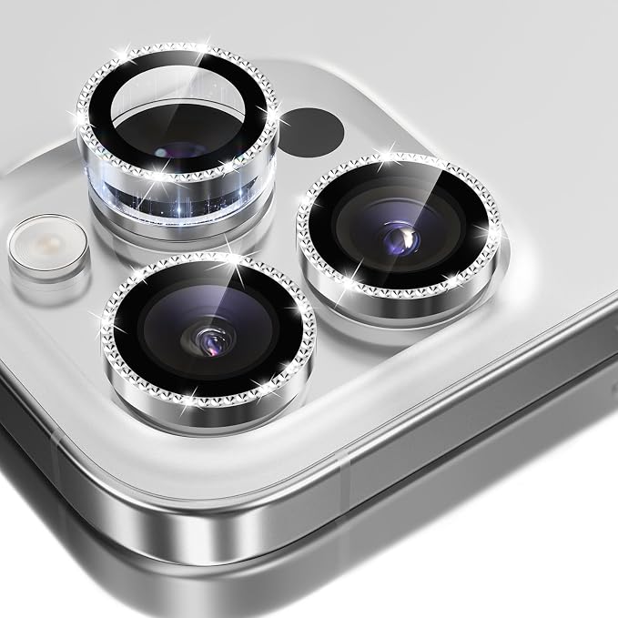 GolbinBox Camera Lens Protector for iPhone 15 Pro/15 Pro Max, 1:1 Invisible Fit, 9H Tempered Glass Ultra HD Metal Individual Camera Cover for Women, Case Friendly, Bling/Silver