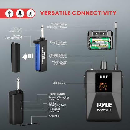Pyle UHF Wireless Microphone System Kit - Portable Professional Cordless Microphone Set Wireless Mic - Headset, Lavalier, Beltpack Transmitter, Receiver - Karaoke, Conference PDWMU114, Black