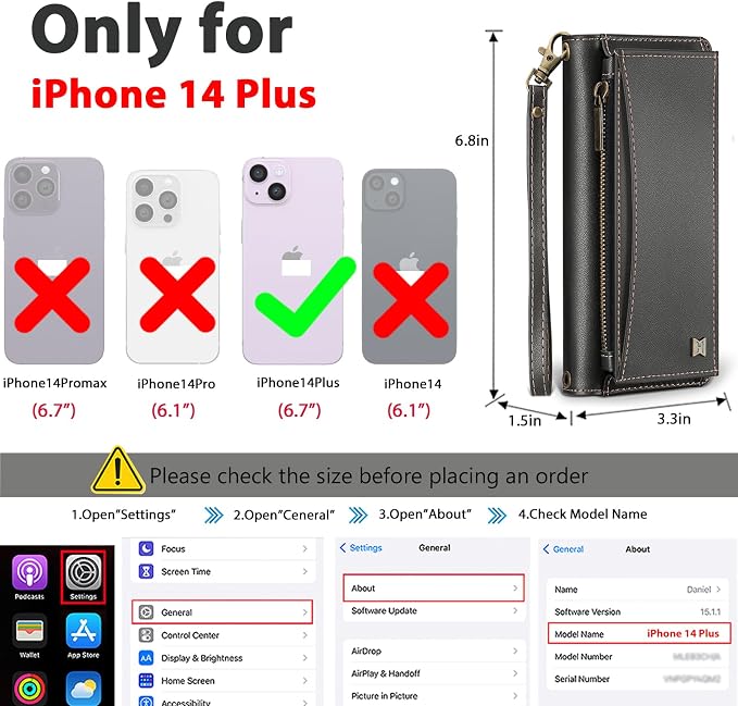 Wallet Case for iPhone 14 Plus with Card Holder/Crossbody Wallet/Strap| RFID Blocking | Magnetic | Kickstand | Detachable | PU Leather Phone Case for iPhone 14 Plus,6.7 in,Black