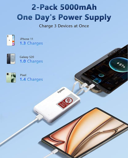 Miady UL Listed 2-Pack Small Portable Charger 5000mAh Power Bank for Travel | 18.5Wh丨Built-in 2 Cables丨3 Outputs 2 Inputs丨Compatible with iPhone Android etc丨Flight-Safe丨for Backpack Campingl丨Black+White