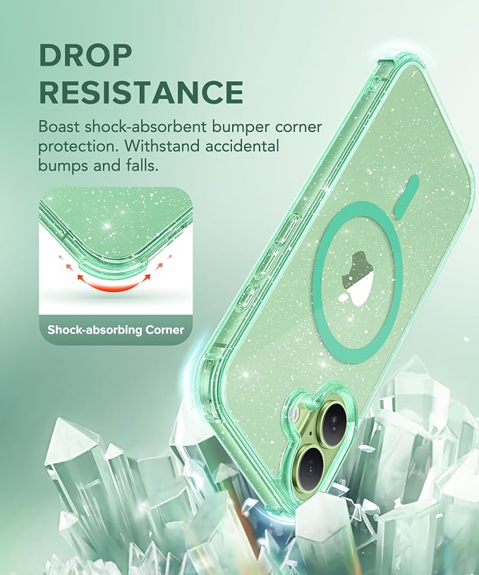 BERFY for iPhone 17 Case for Women, Clear Glitter Shockproof Protective Case, Anti-Yellowing, with Screen Protector & Camera Lens Protector 6.3", Magnetic Sparkle Green