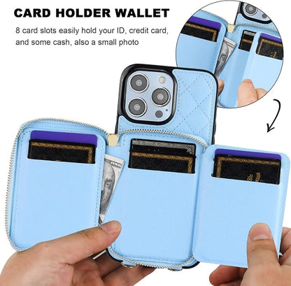 Bocasal Crossbody Wallet Case for iPhone 14 Pro Max, RFID Blocking PU Leather Zipper Handbag Purse Flip Cover, Kickstand Folio Case with Card Slots Holder Wrist Strap Lanyard 5G 6.7 Inch (Blue)