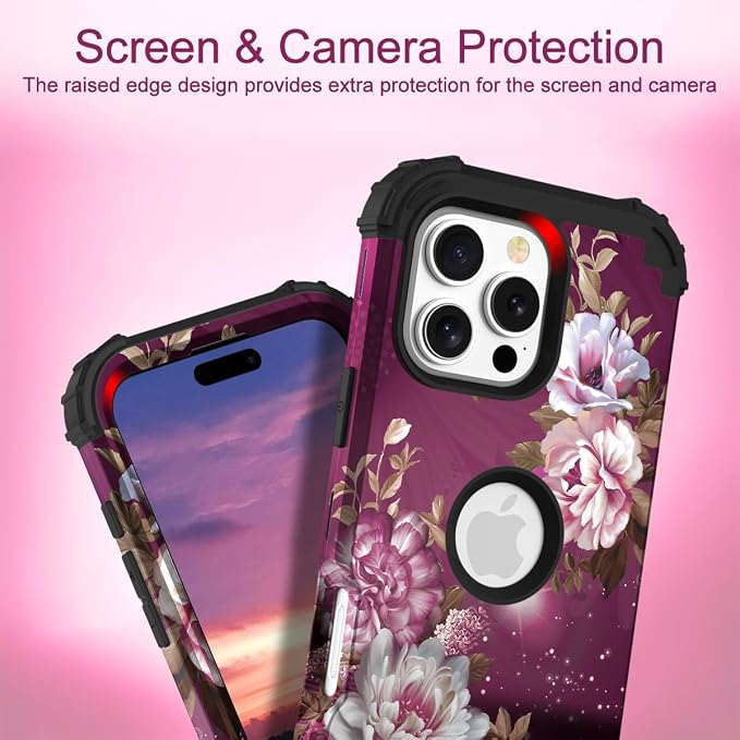 Hocase for iPhone 16 Pro Case 6.3", Heavy Duty Shockproof Protection Soft Silicone Rubber+Hard Plastic Bumpers Hybrid Protective Case for iPhone 16 Pro 2024 - Royal Purple Flowers