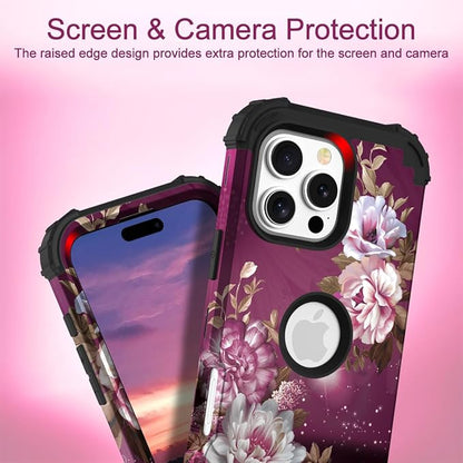 Hocase for iPhone 16 Pro Case 6.3", Heavy Duty Shockproof Protection Soft Silicone Rubber+Hard Plastic Bumpers Hybrid Protective Case for iPhone 16 Pro 2024 - Royal Purple Flowers
