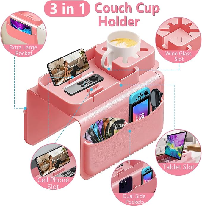 Silicone Couch Cup Holder for Tablet & Phone Stand, Sofa Arm Tray Organizer with Dual Side Pockets for Remotes Snacks Headphones & Glasses Drinks Anti-Slip & Heat Resistant Sofa Caddy (Pink)