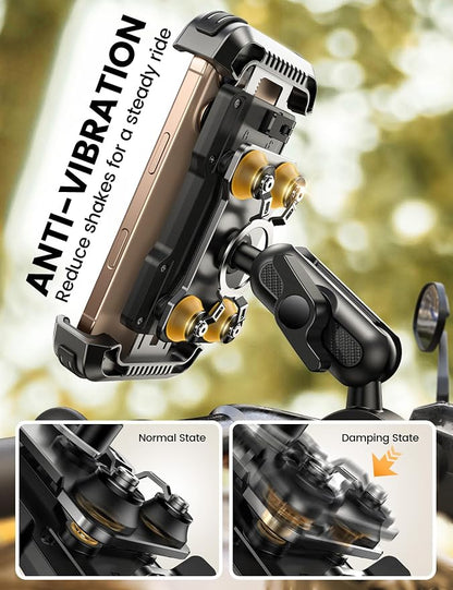Lamicall Motorcycle Phone Mount Holder - [Metal Extension Arm] [Dual Vibration Dampener] Bike Cell Phone Mount, Bicycle Handlebar Phone Clamp, Gifts for iPhone 16 15 14 Pro Max, 4.7-6.7" Phones