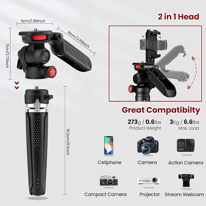 Mini Tripod for Camera, Small Camera Stand Tripod Phone Holder for Video Recording Vlogging Handle Grip with Cell Phone Mount, Cold Shoe Selfie Stick for iPhone Webcam Projector Camera