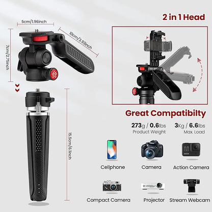Mini Tripod for Camera, Small Camera Stand Tripod Phone Holder for Video Recording Vlogging Handle Grip with Cell Phone Mount, Cold Shoe Selfie Stick for iPhone Webcam Projector Camera