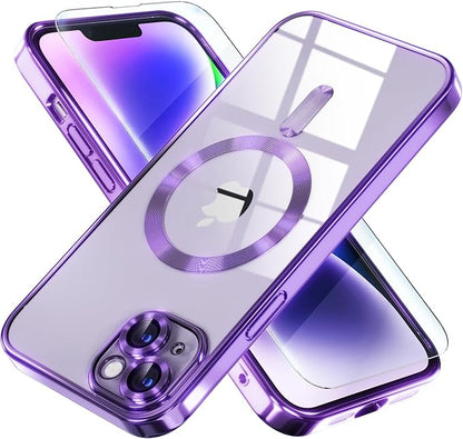 Misea Magnetic for iPhone 14 Case Compatible with MagSafe [Never Yellowing] [Military Grade Drop Protection] Full Camera Lens Protector Plating Soft Clear Phone Case for Women Girls, Purple