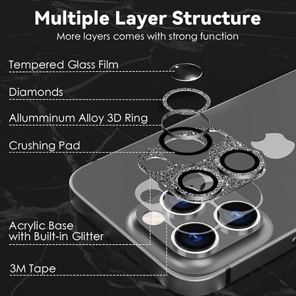 CloudValley for iPhone 14 Pro/iPhone 14 Pro Max Glitter Camera Lens Protector, 9H Tempered Glass [All in 1 Design], Case Friendly Anti-Scatch High Definition, GlitterBlack