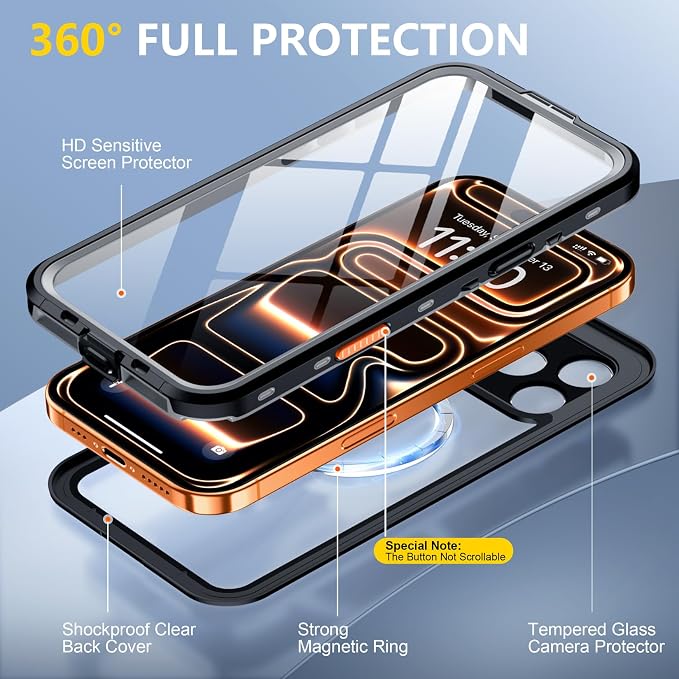 Red2Fire for iPhone 17 Pro Max Case Waterproof, [Built-in Screen Protector & Camera Protector][Compatible with MagSafe][Full Body Shockproof][IP68 Waterproof][Dustproof] Phone Case 6.9" Black/Clear