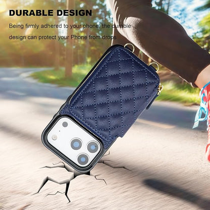 Bocasal Crossbody Wallet Case for iPhone 17 Pro, RFID Blocking PU Leather Zipper Handbag Purse Flip Cover, Kickstand Folio Case with Card Slots Holder Wrist Strap Lanyard 5G 6.3 Inch (Dark Blue)