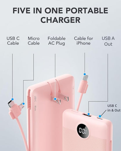 VRURC Portable Charger, Power Bank Built-in Cables and AC Wall Plug | USB C Power Bank 10000mAh Travel Essentials Phone Charger Compact External Battery Pack For Smart Phones, Tablets etc-Pink