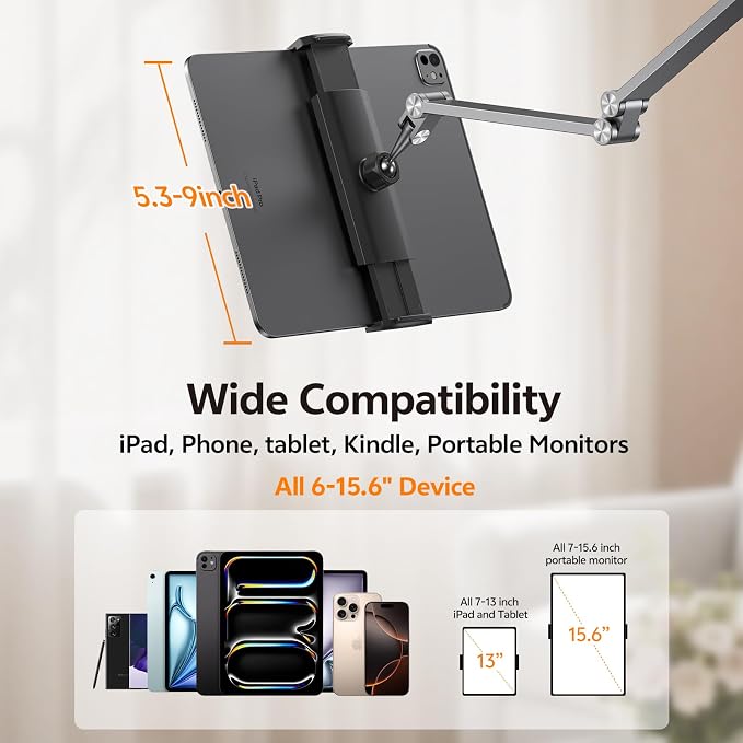 LULULOOK Tablet Stand iPad Phone Holder for Desk, Heavy Duty Aluminum 360° Rotating & Foldable Arm Mount Kindle Holder for Bed, Stand for iPad Pro, Kindle, Portable Monitor, Max 15.6"