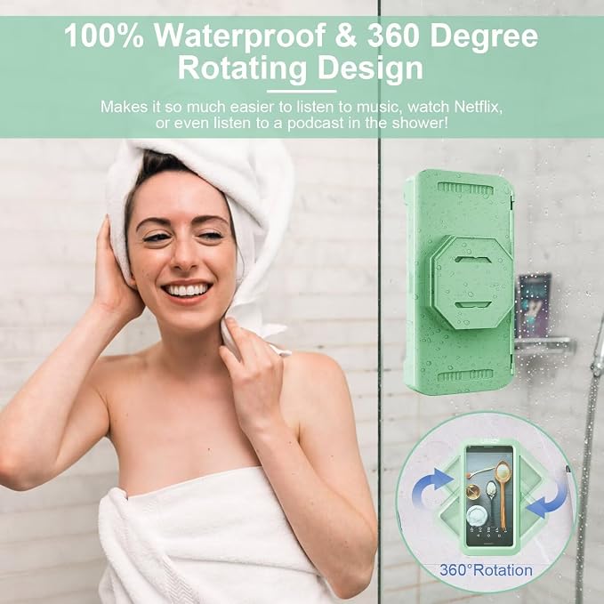 URROY Shower Phone Holder Waterproof, 360° Rotation Shower Phone Case, Anti-Fog High Sensitivity Universal Cover Mount Stand for Bathroom Wall Mirror Bathtub Kitchen, Gift for Men Women Mint Green