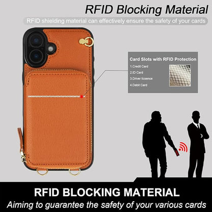 Bocasal Crossbody Wallet Case for iPhone 16 Plus, RFID Blocking Leather Purse Case with Card Holder, Protective Handbag Flip Cover with Zipper Wrist Strap Lanyard for Women 5G 6.7 Inch (Brown)