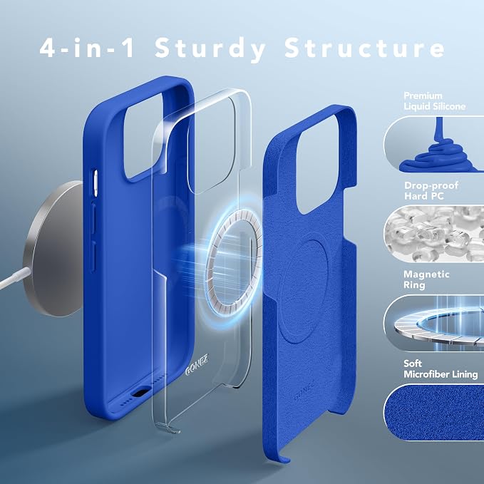GONEZ for iPhone 14 Pro Max Case Silicone, Compatible with MagSafe, with Screen Protector + Camera Lens Protector, Liquid Silicone Shockproof Protective Phone 14 ProMax Case 6.7", Klein Blue