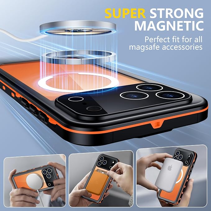 Red2Fire for iPhone 17 Pro Max Case Waterproof, [Built-in Screen Protector & Camera Protector][Compatible with MagSafe][Full Body Shockproof][IP68 Waterproof][Dustproof] Phone Case 6.9" Oragne/Clear