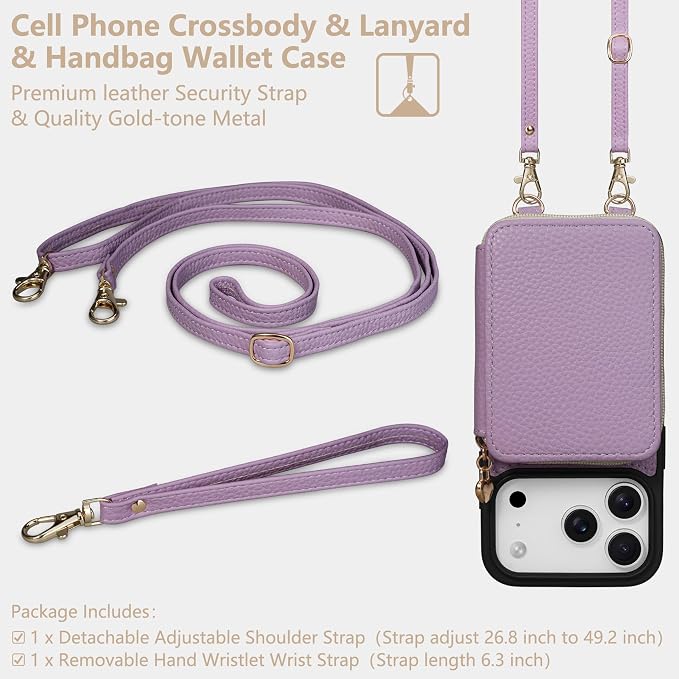 Keallce Case for iPhone 17 Pro 6.3'' Case Wallet, Crossbody Zipper Purse with RFID Blocking Card Slots Kickstand, Lanyard & Handstrap Flip Folio Leather Phone Cover for iPhone 17 Pro, Purple