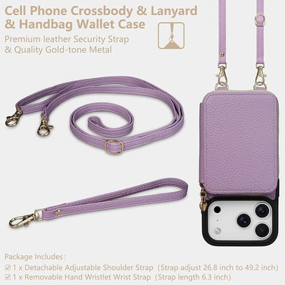 Keallce Case for iPhone 17 Pro 6.3'' Case Wallet, Crossbody Zipper Purse with RFID Blocking Card Slots Kickstand, Lanyard & Handstrap Flip Folio Leather Phone Cover for iPhone 17 Pro, Purple