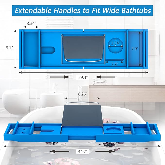 Domax Bathtub Caddy Tray - Expandable Bamboo Tub Tray for Luxury Spa Bath with Book Holder Free Soap Dish Blue