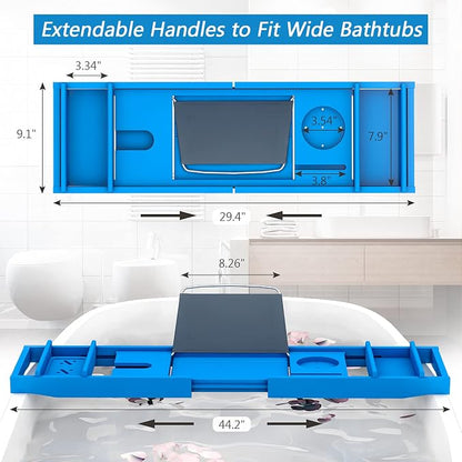 Domax Bathtub Caddy Tray - Expandable Bamboo Tub Tray for Luxury Spa Bath with Book Holder Free Soap Dish Blue