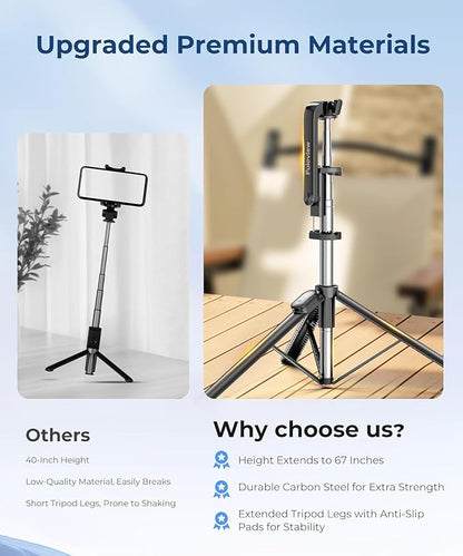 67” Selfie Stick Tripod for iPhone, Lightweight Travel Phone Tripod with Wireless Remote, Extendable Cell Phone Stand for Photography, Video & Live Streaming – Black