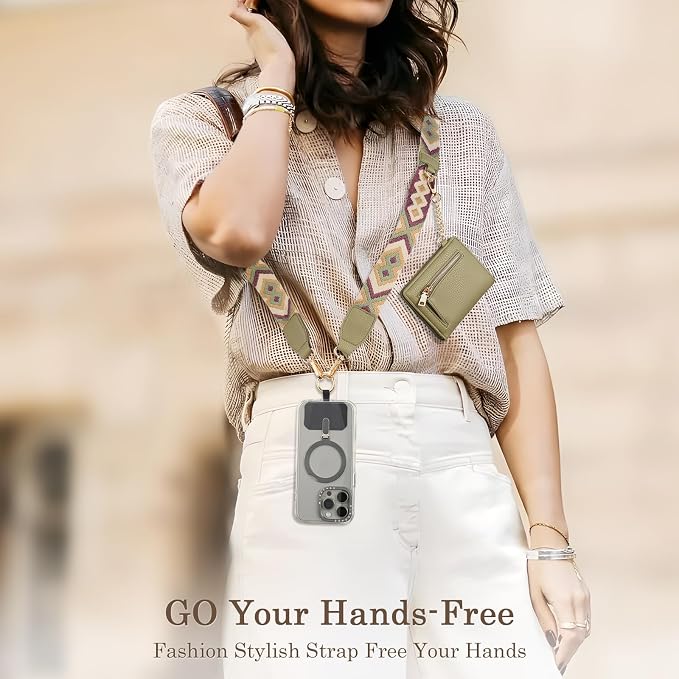Diaclara Clip and Go Phone Strap with Zipper Pouch- Stylish Crossbody Adjustable Chain Lanyard with Leather Wallet for All Phones, Green