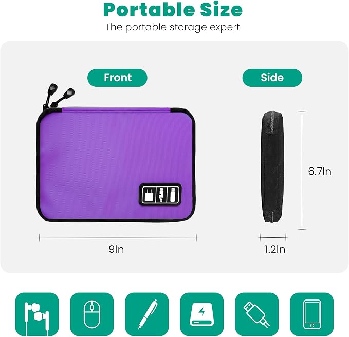 Cord Organizer Travel, Electronics Organizer Tech Pouch - Portable Cable Organizer Bag for Cords, Charger, Phone, SD Card, Power Bank for Travel & Daily Use -Purple Green