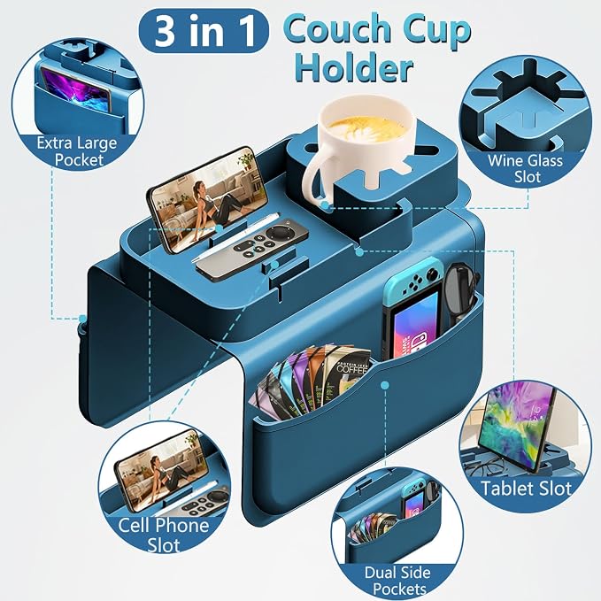 Silicone Couch Cup Holder for Tablet & Phone Stand, Sofa Arm Tray Organizer with Dual Side Pockets for Remotes Snacks Headphones & Glasses Drinks Anti-Slip & Heat Resistant Sofa Caddy (Blue)