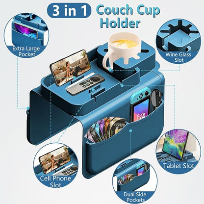 Silicone Couch Cup Holder for Tablet & Phone Stand, Sofa Arm Tray Organizer with Dual Side Pockets for Remotes Snacks Headphones & Glasses Drinks Anti-Slip & Heat Resistant Sofa Caddy (Blue)