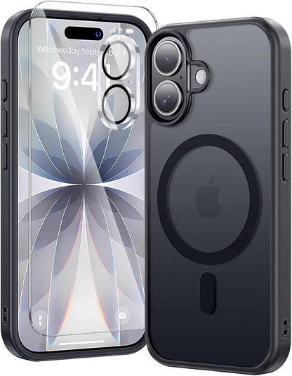 3 in 1 for iPhone 17 Case Matte Black,Fits MagSafe, Screen Protector*1 Camera Lens Protector*1,Matte Skin Feeling Back, Cover Military-Grade Protection